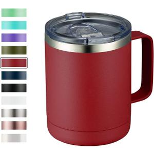 MEWAY 12oz Coffee Mug With Handle and Sliding Lid,Stainless Steel Travel Tumbler Cup with Handle,Double Wall Vacuum Insulated Camping Cup for Hot & Cold Drinks Tea (Red,Set of 1)