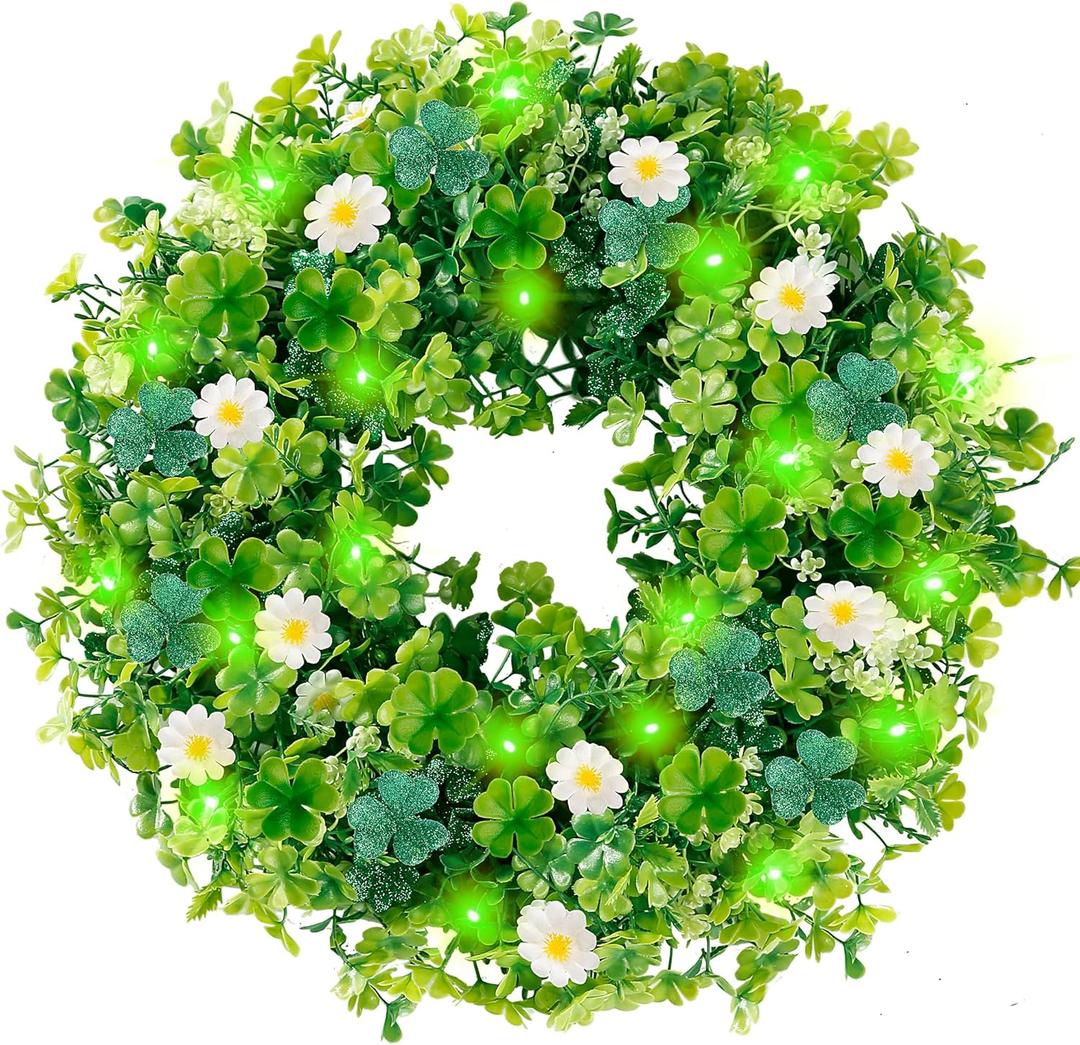 Sggvecsy 18 St. Patrick's Day Shamrocks Wreath for Front Door with 30 Green Lights Artificial Greenery Glittery Clover Wreath for Irish St. Patrick's Day Decoration Wall Indoor Outdoor Home Decor
