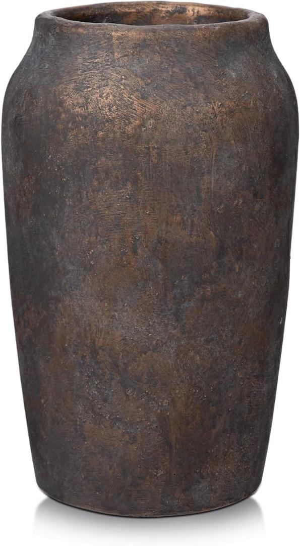 Briful Rustic Vintage Ceramic Vase, 9.06'' Farmhouse Table Decor with Wide Mouth, Large Decorative Vase for Home Decor, Living Room, Entryway & Shelf Styling, Brown