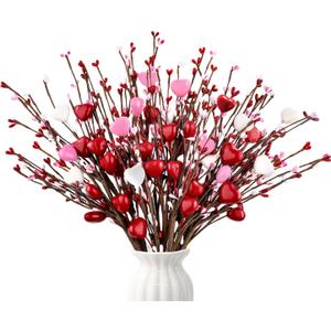 Yunfan 6Pcs Valentines Day Decorations Valentines Decor Red Pink White Heart Shaped Berry Picks Artificial Flowers for Valentines Day Gifts Wedding Home Decor 17in