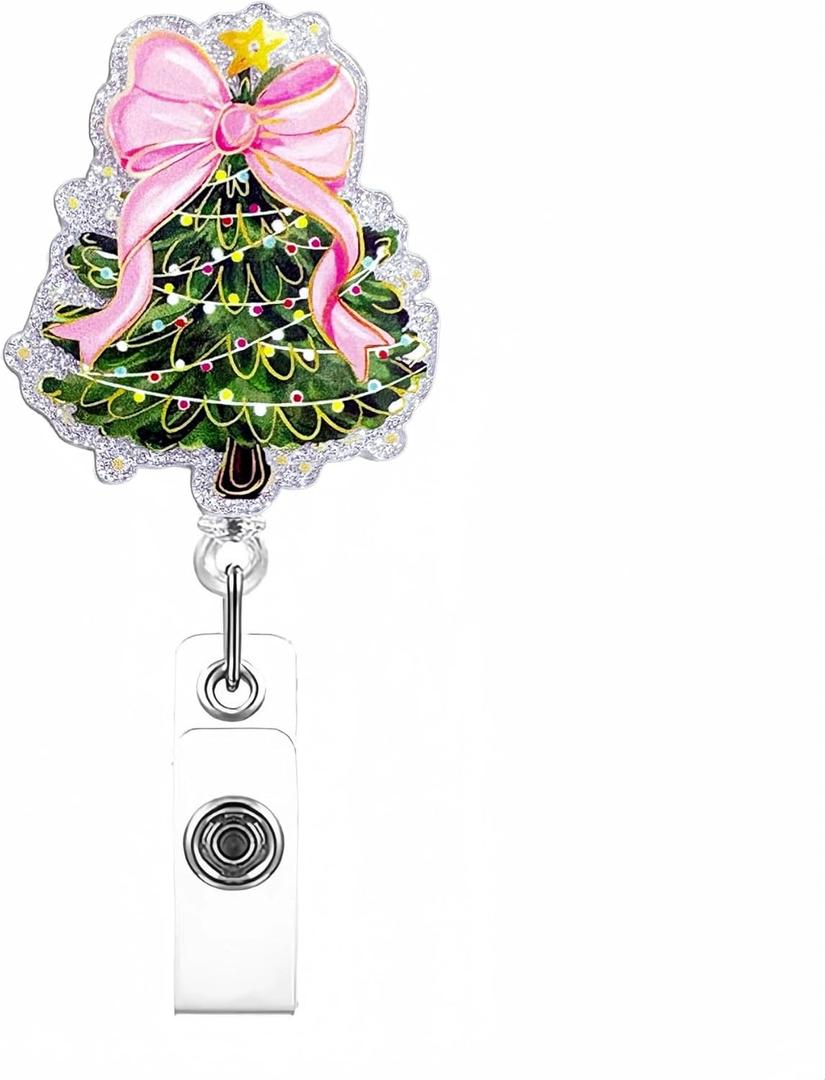 2 x Christmas Tree Badge Reels - Christmas Pink Bow Badge Holder Retractable Clip with Glitter Tree Design, Sparkling Colored Lamp Tree Badge Reels for Nurse Doctor, Holiday Name Tag for Office