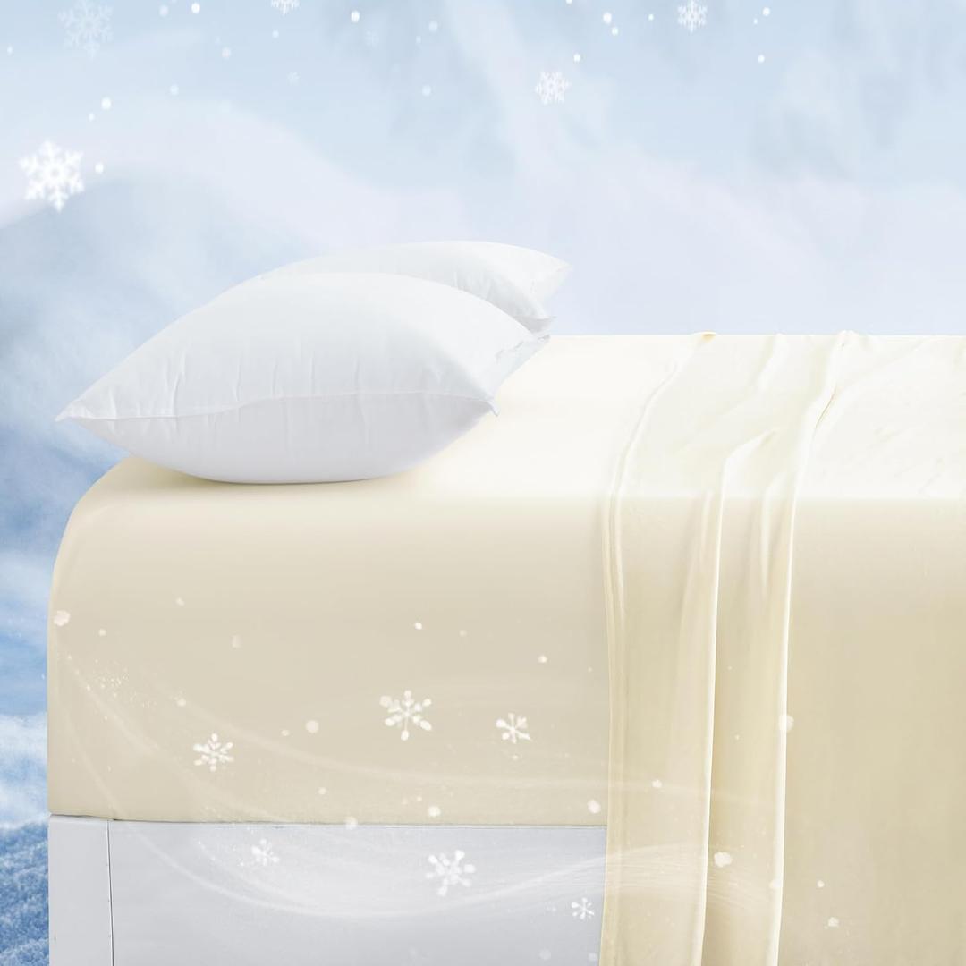 PHF Luxury Cooling Fitted Sheet Twin Size for Spring Summer, Breathable Q-Max > 0.47 Widen 18" Deep Pocket Silky Bottom Sheet for Hot Sleeper Night Sweats, Cream White