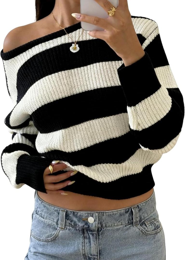 Verdusa Striped Off The Shoulder Sweater Oversized Sweaters Long Sleeve Y2K Loose Knitted Pullovers L