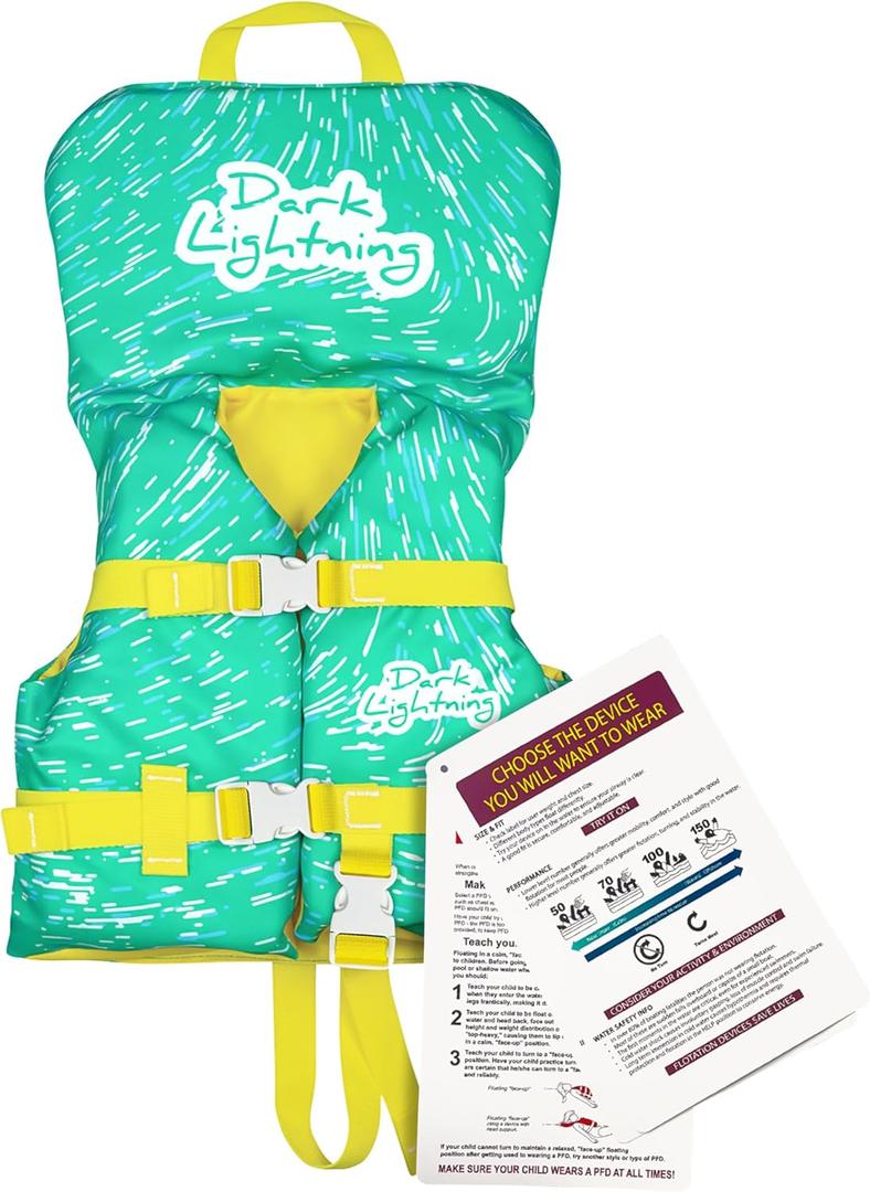 Dark Lightning Coast Guard Approved Baby/ Infant Life Vest, USCG Kids Life Jacket 0-30 lbs, Toddler Floaties 20-30 Pounds, Toddler Swim Vest/ Water Wings Arm Floaties in Puddle/ Sea (Green)