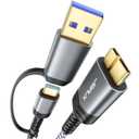 JSAUX Hard Drive Cable 3.3FT, 20Gbps Micro B to USB C/A Cord External Hard Drive Cable Nylon Braided Compatible with Seagate WD Toshiba Westgate, MacBook Air M2 Pro, Camera, iPhone 15 Pro Max (Grey)