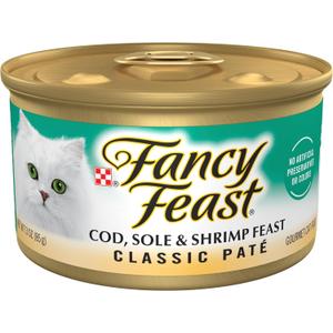 Purina Fancy Feast Cod, Sole and Shrimp Feast Classic Grain Free Wet Cat Food Pate - (Pack of 24) 3 oz. Cans BBD: Dec 2027