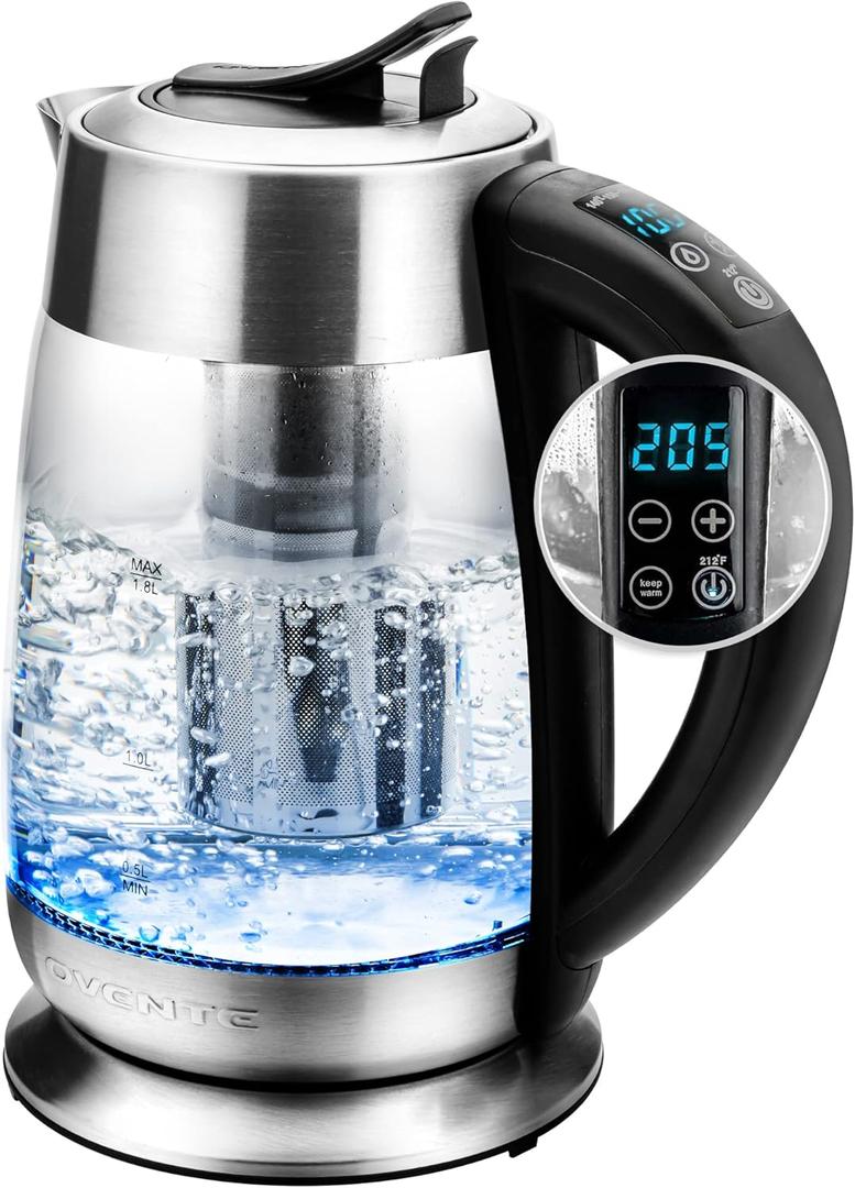OVENTE Electric Glass Kettle Water Boiler 1.8 Liter BPA Free - 1500W w/Stainless Steel Infuser, Set Temperature Control, Auto Shut Off, Portable Fast Instant Heater for Coffee & Tea - KG661S (1.9 Quarts, Silver)