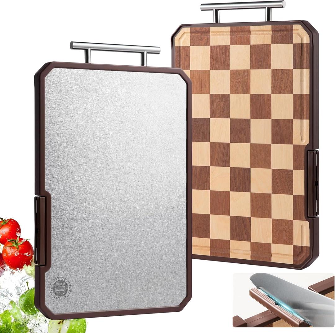 Titanium Cutting Board with Knife Sharpener, Pure Titanium & Acacia Wood Cutting Boards for Kitchen, Double Sided Checkerboard Chopping Board with Handle & Stand, 16.710.4x1.2