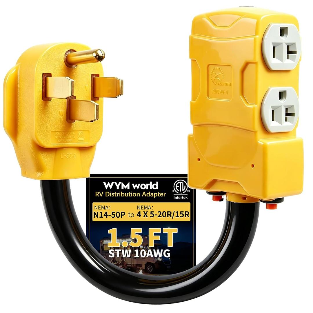 50 Amp to 20 Amp 110V RV Distribution Adapter,NEMA 14-50P to 4 X 5-20R/15R RV 4-Prong to Mutiple Household Outlet w/ 20Amp Circuit Breaker RV Generator Distribution Cord 1.5FT