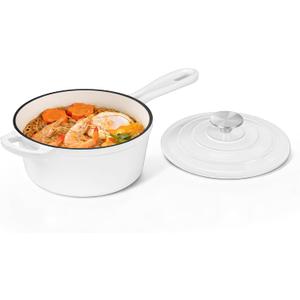 Homikit Small Cast Iron Pot, 2 Quart Enameled Cast Iron Sauce Pan with Lid, Heavy Duty Enamel Dutch Oven Kitchen Cookware for Making Pasta, Boiling Soup, Warming Milk, Nonstick & Oven Safe, White