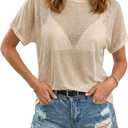 Sheer Tops for Women See Through Oversized T Shirts, Short Sleeve Casual Summer Blouse (Beige, XL)