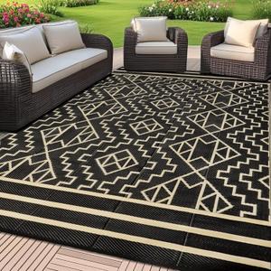 SAND MINE Reversible Mats, Plastic Straw Rug, Modern Area Rug, Large Floor Mat and Rug for Outdoors, RV, Patio, Backyard, Deck, Picnic, Beach, Trailer, Camping (6' x 9', Black & Beige)
