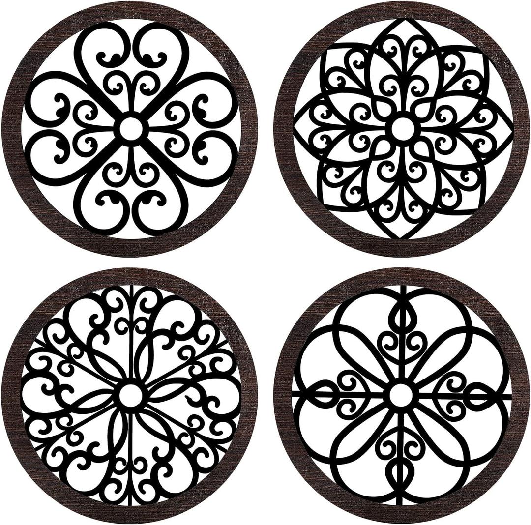 Yulejo 4 Pcs Thicken Rustic Wall Decor Farmhouse Kitchen Wall Round Art Wooden Hollow Carved Design Rustic Art for Living Room Bedroom Hallway Decor (9.8 x 9.8 Inch,Black, Brown)