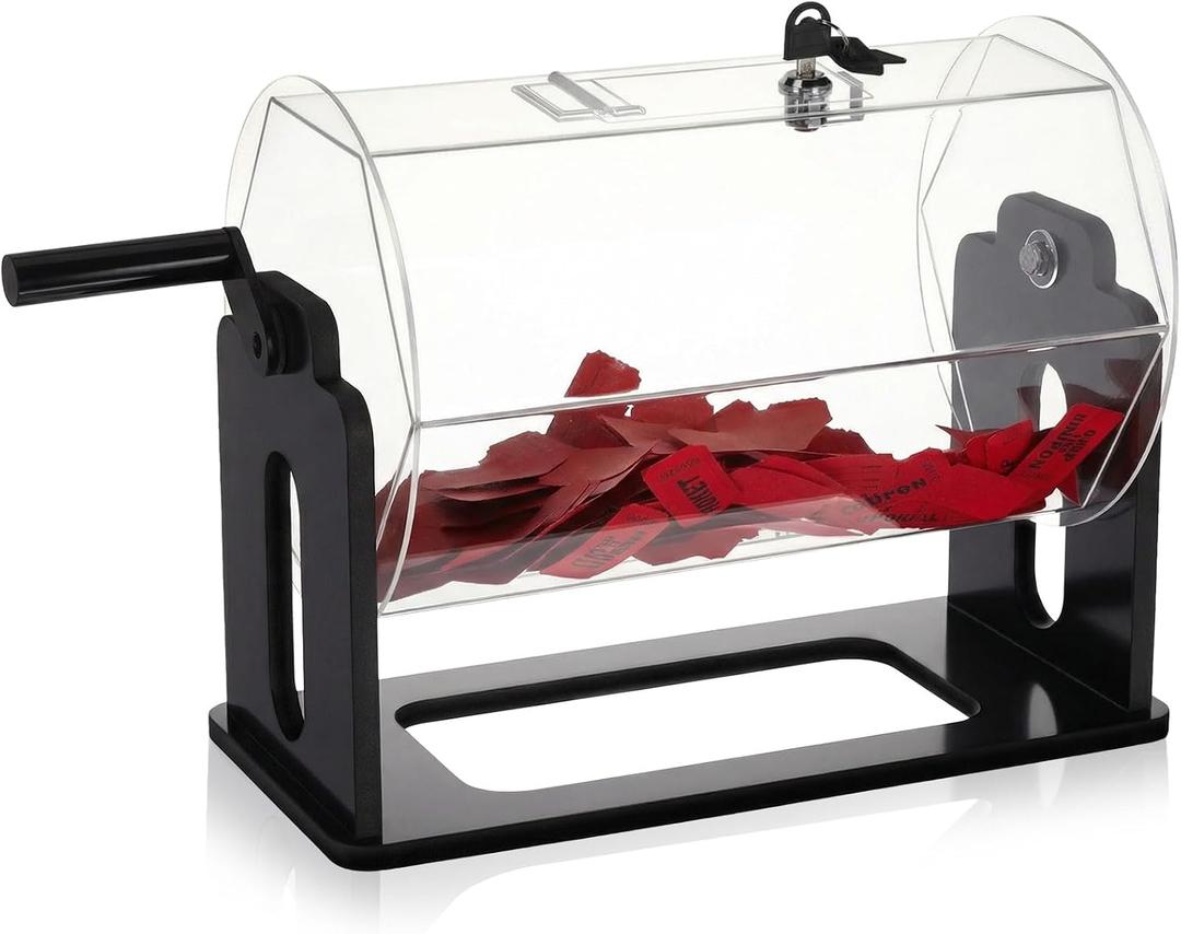 Leinuosen Acrylic Raffle Drum, 13 x 6.5 x 9.5 Inches Clear Raffle Tickets Spinner Cage with Shaking Hand, Transparent Ticket Spinner Box for Prize Draw Games Balls (Hexagon, Black)