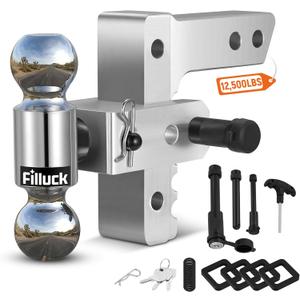 Adjustable Trailer Hitch Fits 2" Receiver, 2" & 2-5/16"(12,500 LBS GTW) Rotatable Dual Solid Ball, 6" Drop/Rise Heavy Duty Aluminum Tow Hitch, Trailer Hitches with Anti-Theft Pin, Silver