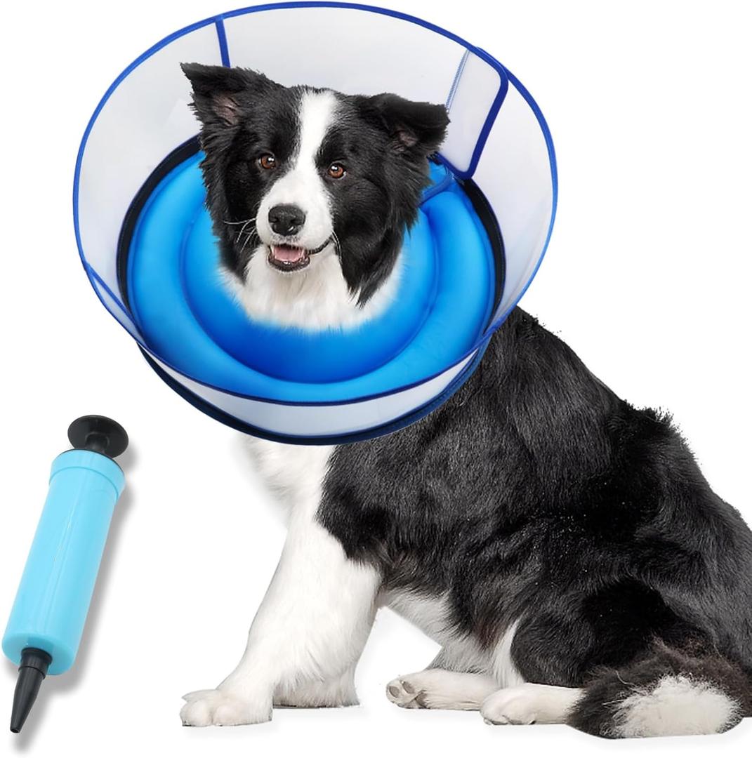 Upgraded Inflatable Dog Cone Collar for Dogs After Surgery,Adjustable Soft Elizabethan Collar for Medium Large Dogs,Comfortable Dual-Ring Dog Cone with Detachable Transparent Anti-Licking Shield(L)