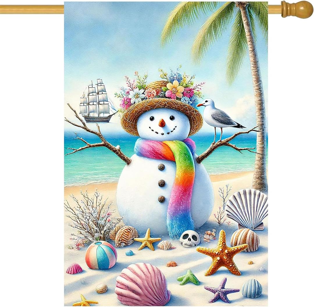 IVN Beach Snowman Christmas Garden Flag 28 x 40 Inch Double Sided House Flag with Shell Palm Tree and Seagull Design for Coastal Outdoor Holiday Decor