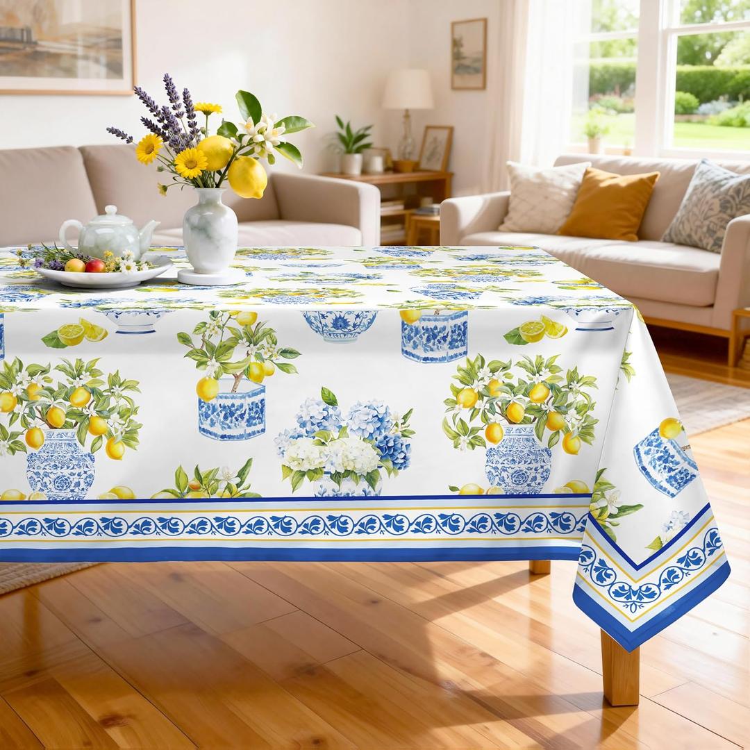 Summer Lemon Tablecloth Waterproof, Floral Table Cloth Rectangle Stain Resistant, Washable Table Cover for Home Kitchen Dining Party Decoration (55X70 Inch)