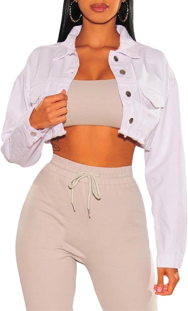 Women's Crop Top Jean Jacket Button Down Long Sleeve Cropped Denim Jacket Coat, Medium