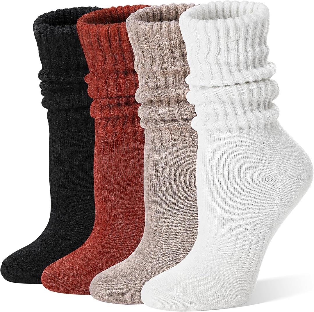 EBMORE Merino Wool Slouch Boot Socks Thermal Warm Winter Thick Scrunch Cozy Crew Socks for Women 4 Pairs (Medium, Black/Caramel/Khaki/White)