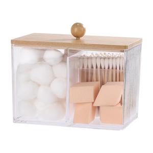 Ohlove Qtip Holder with Bamboo Lids, 3 Compartments Cotton Ball/Swabs Dispenser, Apothecary Jar Clear Plastic Bathroom Container for Storage and Organizer