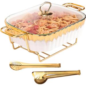 Ceramic Chafing Dish for Buffet  White Food Tray with 2 Gold Tongs, Family Size Chafer with Glass Lid, Serving Soup, Rectangular Catering Casserole for Party Style (Medium 1.9 quarts)