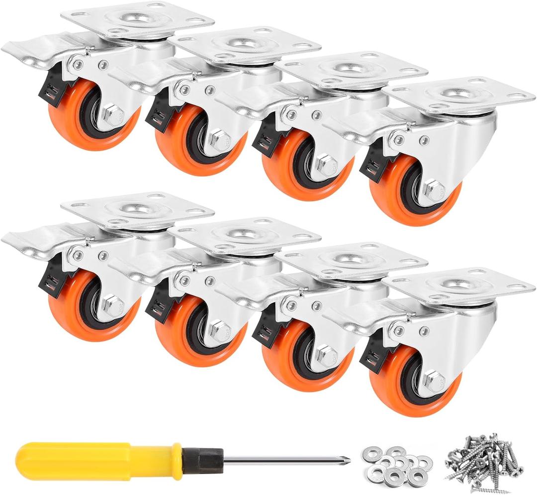 WBD 2" Plate Caster Wheels Set of 8, Heavy Duty Casters with Brake, 1200 Lbs, Safety Dual Locking, Industrial Swivel Top Plate Casters Wheels for Furniture, Carts (Screws and Screwdriver)