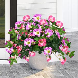 Artificial Flowers for Outdoors with 120 Blooms, Faux Silk Flowers for Outside, UV Resistant Fake Petunias Plants for Hanging Baskets Fence Patio Balcony Garden Cemetery (Purple Red 4 Packs)