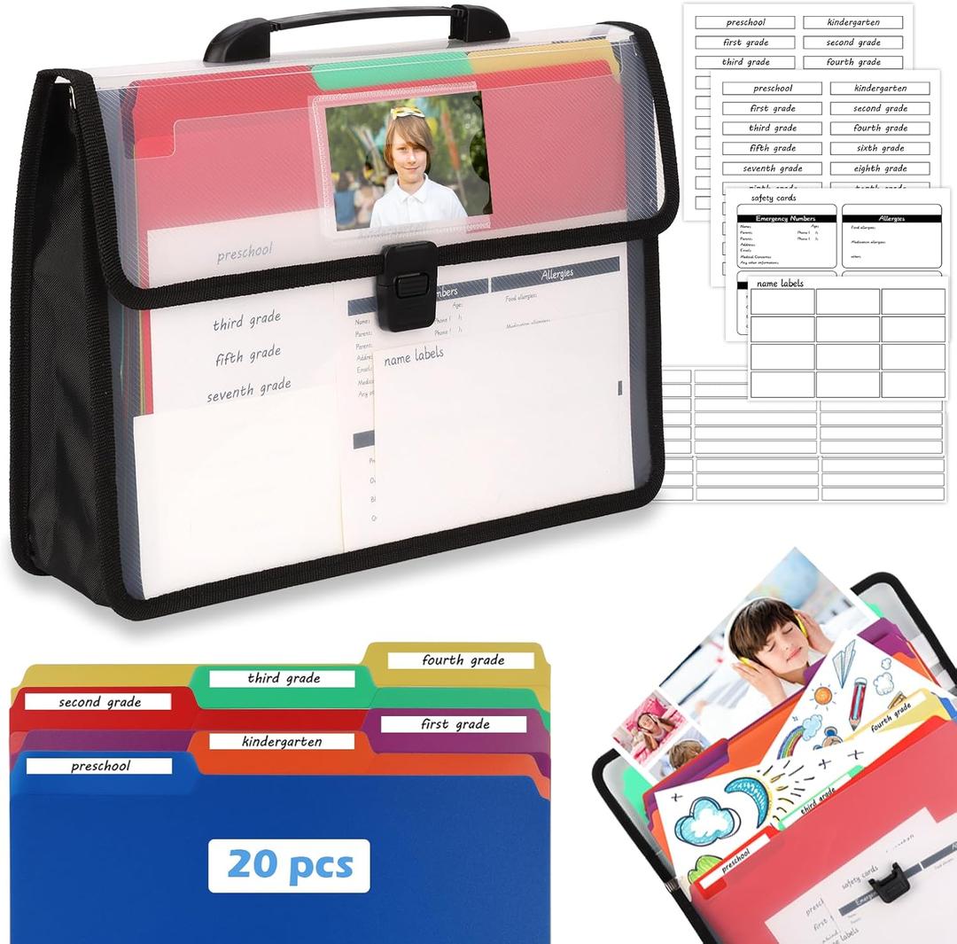 School Years Organizer Kit Clear Plastic Storage Tote with 20 Letter Size Colored Manila Folders 60 Reusable Sticker Labels School Memory Keepsake Box for Pre K to 12th Grade DIY Organization