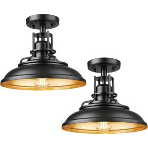 FEMILA Industrial Semi Flush Mount Ceiling Light, 12" Farmhouse Front Porch Ceiling Lighting Fixture, 2 Pack Outdoor Flush Mount Porch Light for Entryway, Hallway, Kitchen, 4FY15-F-2PK BK-1 (Matte Black & Gold)