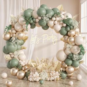 130Pcs Sage Green Gold Balloon Garland Arch Kit with Sage Green Sand White Gold Balloons for Baby Shower Bridal Shower Birthday Engagement Wild One Party Decorations