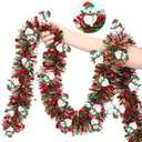 50FT Red Green Christmas Tinsel Garland with Snowman Ornaments, Metallic Twist Shiny Xmas Garland for Tree Decorations Fireplace Mantel Home Office Stair Party Outdoor Indoor Holiday Decor