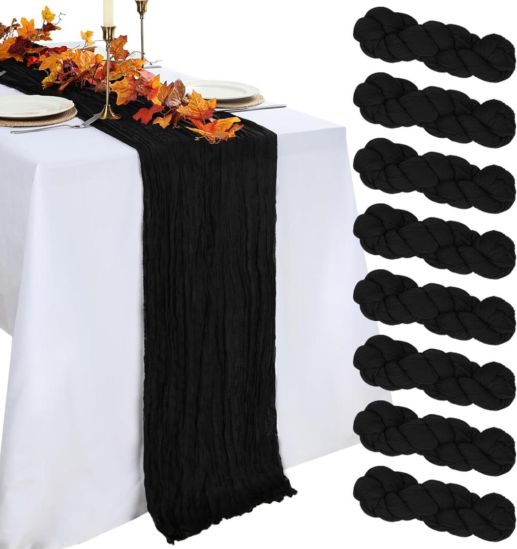 8 Pack Table Runner Black Cheesecloth 10ft Boho Gauze Fabric 120 Inch Cheese Cloth Table Runner Rustic Sheer for Romantic Wedding Decor Baby Shower Party Table Centerpiece Decoration
