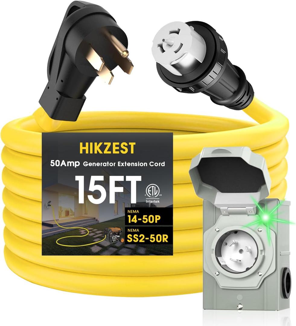 50 Amp Generator Cord and Power Inlet Box, Heavy Duty 15FT Generator Extension Cord, NEMA 14-50P to SS2-50R 125/250V Twist Locking with Pre-Drilled Inlet Box for Outdoor Emergency Kit