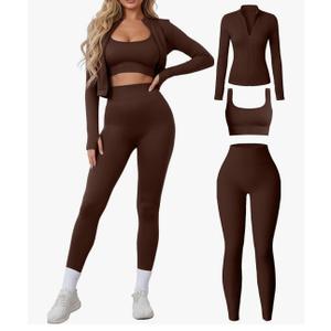 Women 3 Piece Seamless Workout Set Sports Bra High Waisted Gym Yoga Leggings Zip Up Jacket with Thumbhole Activewear.L