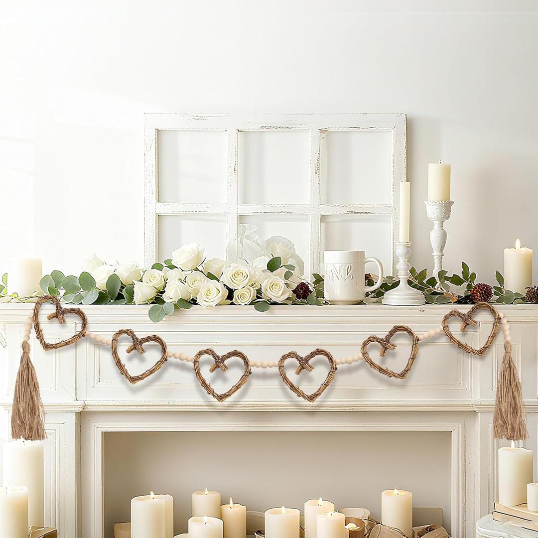 Heart Garland with Tassels 4.92 Ft Farmhouse Wood Beads Garland Vintage Rustic Boho Rattan Heart Wreath Wedding Bridal Shower Hanging Decorations for Mantel Fireplace Wall Home Decor