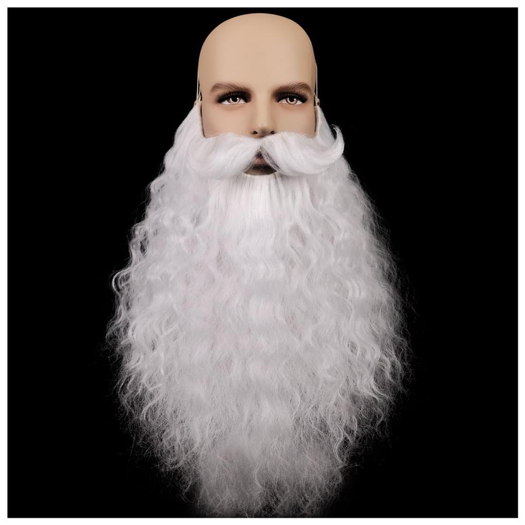 Honcloud 18 Inches Men's Long Curly White Synthetic Pre - styled Realistic Fake Beard for Wizard Costume and Halloween Party((White)