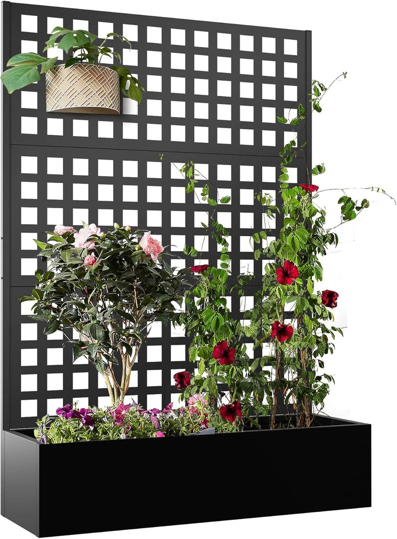 Elevens Metal Planter with Trellis, Trellis with Planter Box & Privacy Screen, Outdoor Raised Garden Bed for Climbing Plants, Trellis Planter Box with Drainage Hole (71"x47"x16")