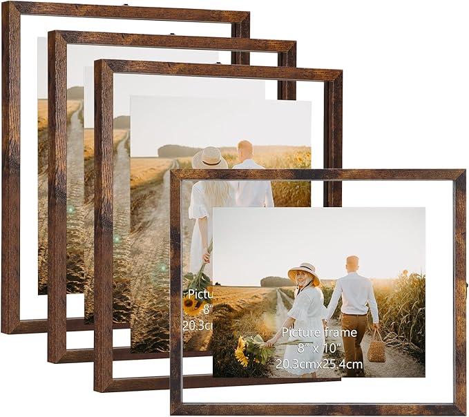WIFTREY 8x10 Floating Picture Frames Set of 4, Rustic Brown Picture Frame 8 by 10 for Wall Hanging, Double Glass Family Photo Frame Display any Size with Floater Effect up to 10x12
