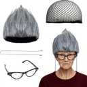 QACCF Halloween Costume Old Lady Costume Gray Wig with Beaded Necklace Chain Cat Eye Glasses