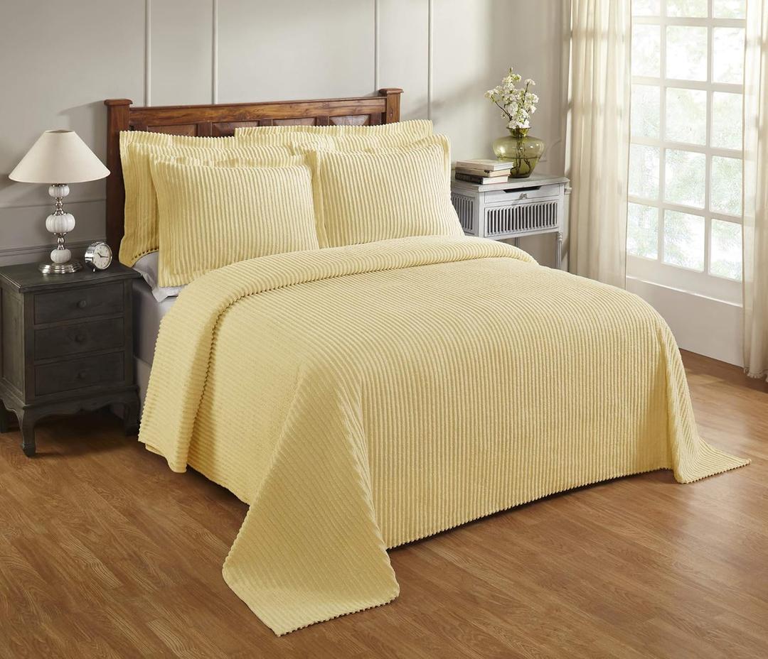 Better Trends Yellow Queen Bedspread Set, 100% Cotton Tufted - Classic Stripe Coverlet, Soft & Cozy Bedding Set for All Seasons, Machine Washable, 3 Pieces- Jullian Collection