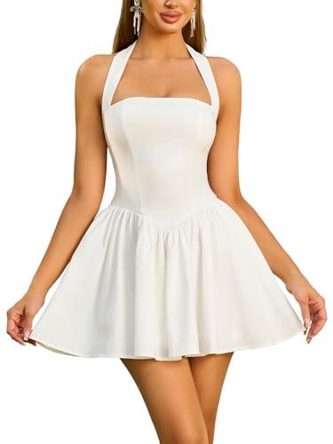 Parthea Women's Halter Mini Corset Dress Sleeveless A Line Flowy Cute Party Dress, White, XL