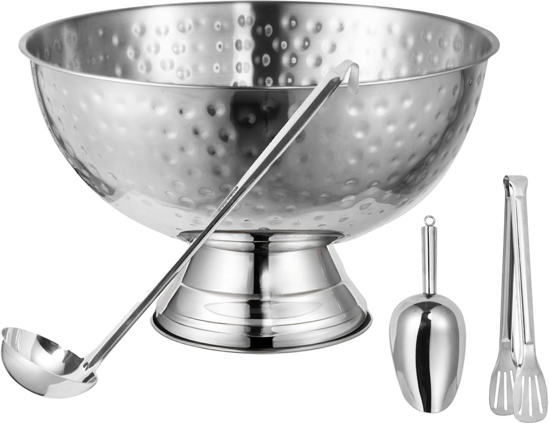 Hammered 3-Gallon 12L Punch Bowl with Ladle, Champagne Bucket for Celebrations, Large Size Ice Bucket for Parties, Cocktail Bar Set with Scoop and Tongs, 18/8 Stainless Steel, Food Safe