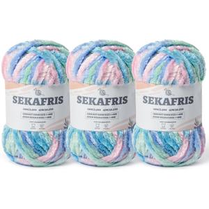 Fuzzy Chunky Chenille Yarn for CrochetingSoft Plush Yarns for Hand KnittingBulky 3x100g3x49.2 yd Baby Blanket Yarn for Crocheting AmigurumiCrochet Fluffy Velvet Yarns (Candy Floss)