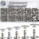YORANYO 340 Sets Leather Rivets Kit Mixed Sizes Rivets for Leather Double Cap Rivets Studs for Clothing Fabric with Leather Crafting Rivet Tool for Repair Decorate Clothes Shoes Bags Belts (Silver)