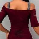 SHENHE Women's Rhinestone Strap Off Shoulder T Shirts Sexy Cut Out Short Sleeve Ruched Fitted Tees M