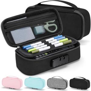 Zannaki Cute Pencil Case with Lock for Boys and Girls, Soft Large Capacity Pencil Case with Handle, Cool School Supplies Pencil Box Pen Stationery Storage Bag Organizer for Kids Teens Adults, Black