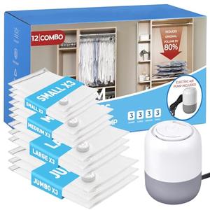 12 Pack Vacuum Storage Bags with Electric Air Pump, Vacuum Seal Bags for Clothing (3Jumbo/ 3Large/ 3Medium/ 3Small), Space Saver Bag for Clothes, Blanket, Duvets, Pillows, Comforters, Bedding, Travel