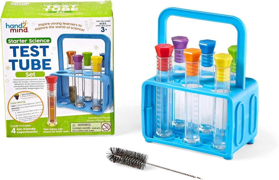 hand2mind Starter Science Lab - Flat Bottom Test Tubes with Lids, Six Tube Rack for Kids Experiments