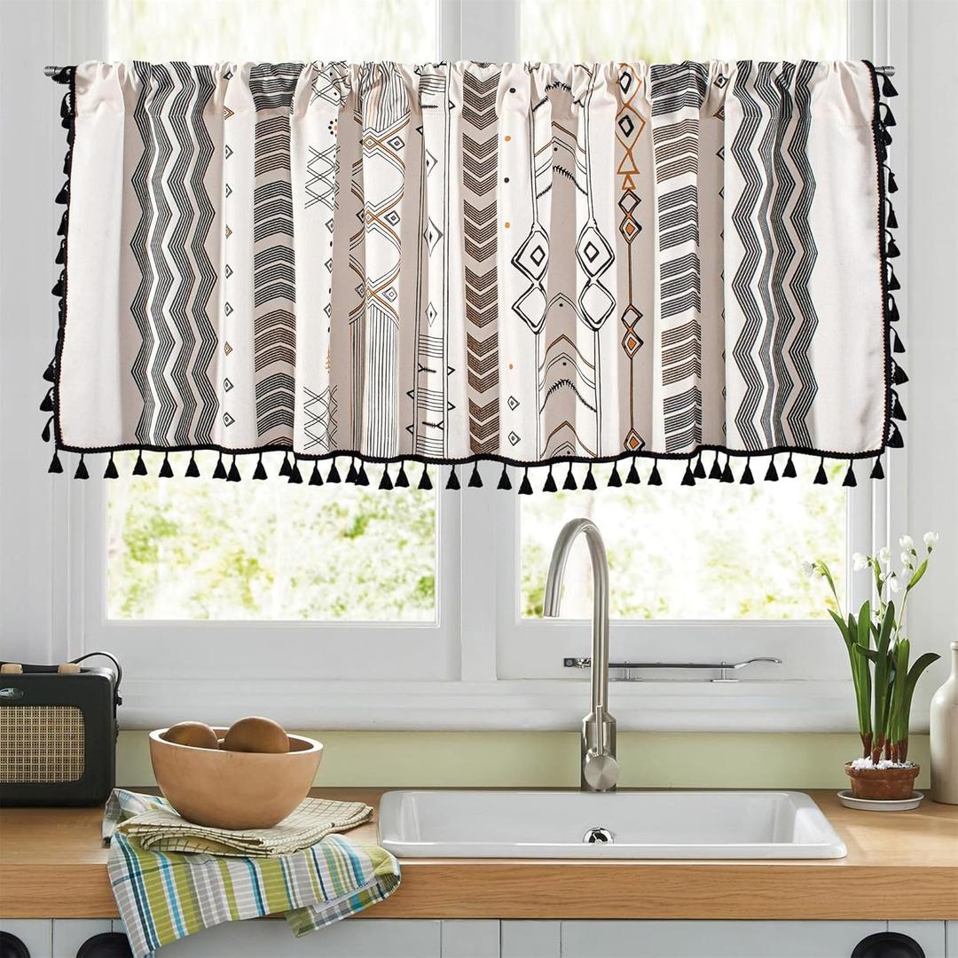 RYNGHIPY Boho Window Valance Cotton Linen Curtain Tiers Farmhouse Window Curtain Topper for Kitchen Living Room Bedroom 55 x 36 Inches Length (55"W x 36"L (Pack of 1), Cream Black)